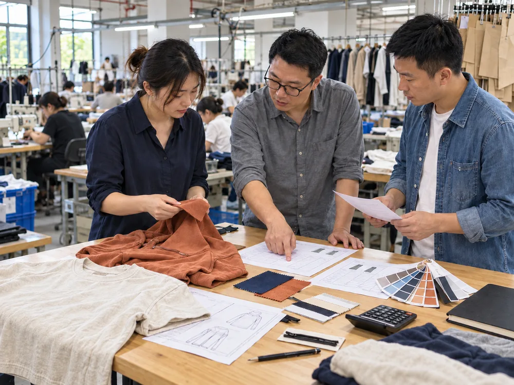 Apparel team reviewing styles, colors, and order quantities for clothing production