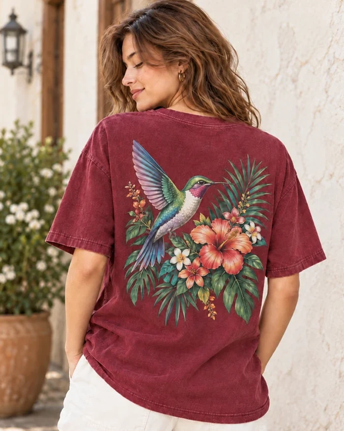 Back view of custom DTF printed T-shirt with large hummingbird floral graphic