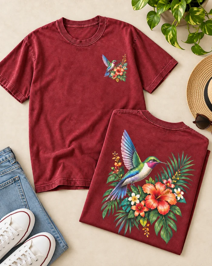 Flat lay of custom DTF printed T-shirts with front and back hummingbird graphics