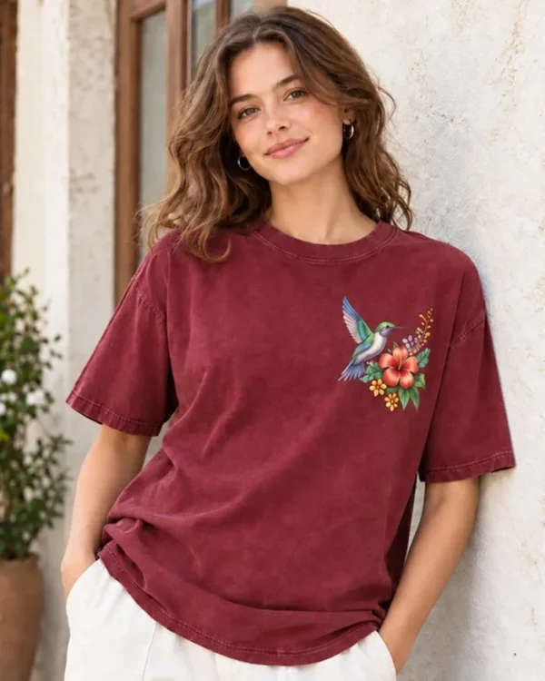 Custom DTF printed T-shirt manufacturer sample with full-color hummingbird chest graphic