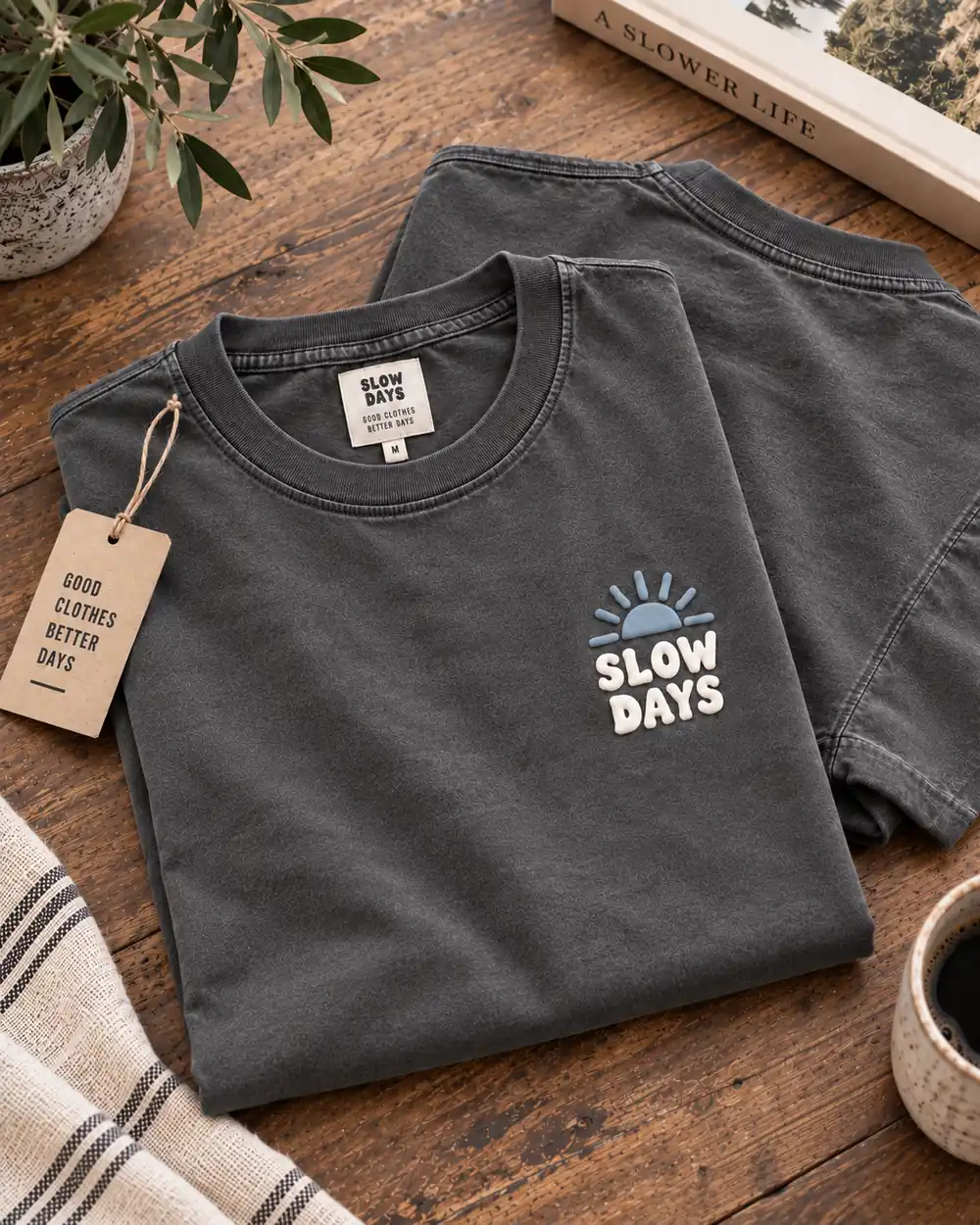 Custom puff print T-shirt flat lay with private label and raised graphic