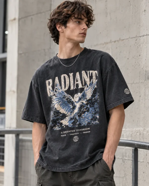 Custom screen printed T-shirt manufacturer sample with distressed graphic print