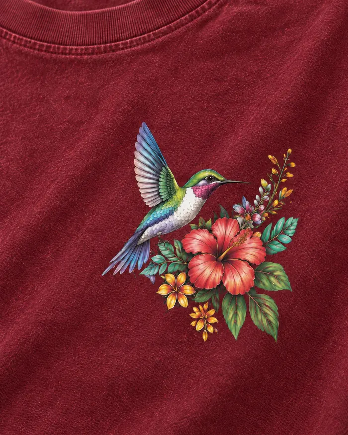 Close-up of small DTF hummingbird floral chest print on washed burgundy T-shirt