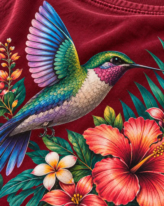 Detailed full-color DTF hummingbird and floral print on burgundy cotton T-shirt