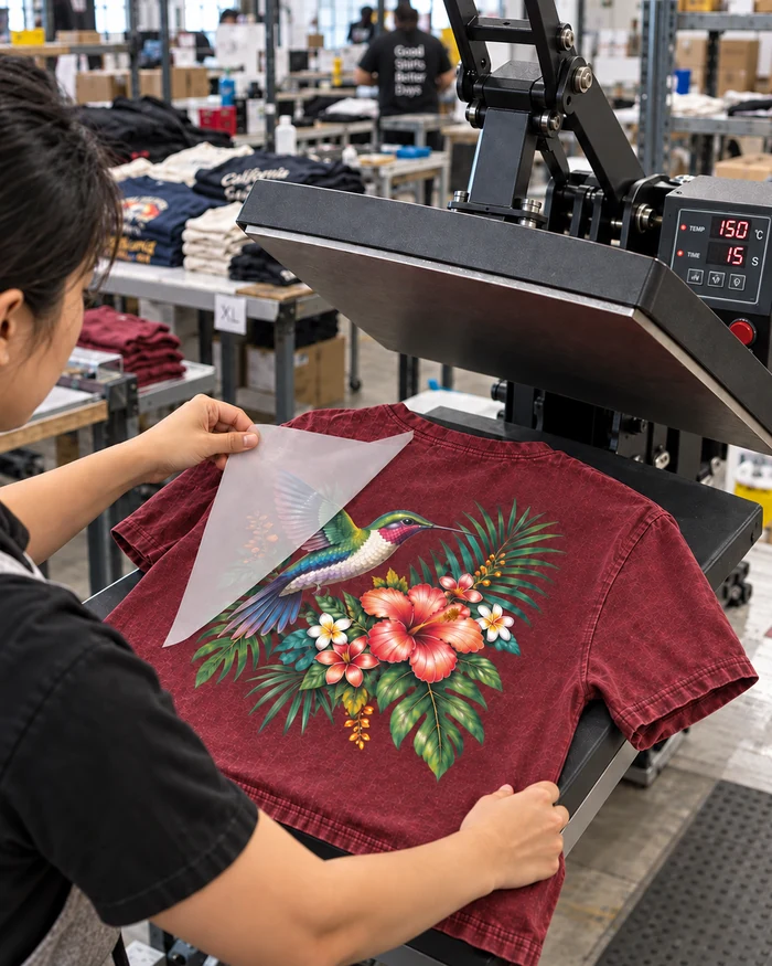 DTF heat transfer process on custom printed T-shirt at 150°C for 15 seconds