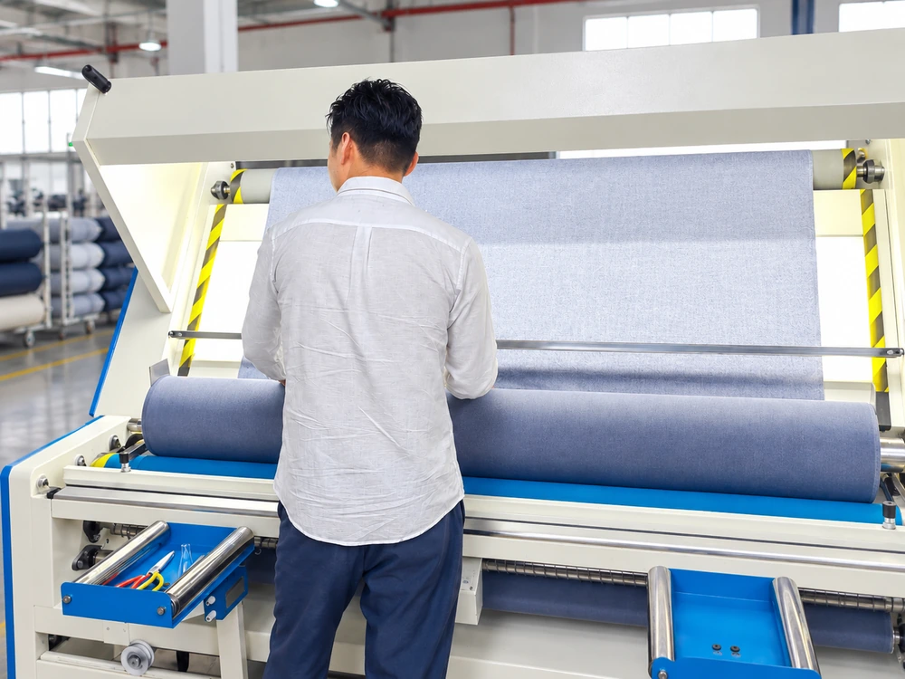 Worker inspecting fabric on an industrial fabric inspection machine in a textile factory