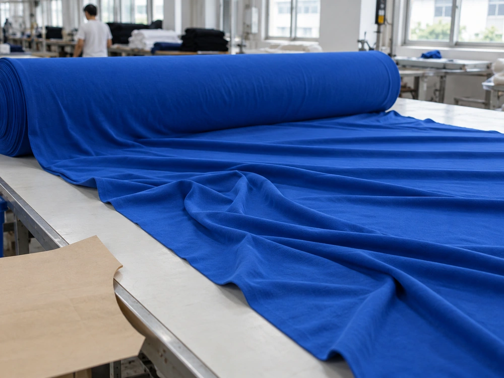 Royal blue jersey fabric relaxing on a cutting table before bulk cutting