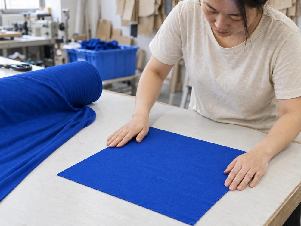 Worker preparing a square fabric specimen for a fabric shrinkage test