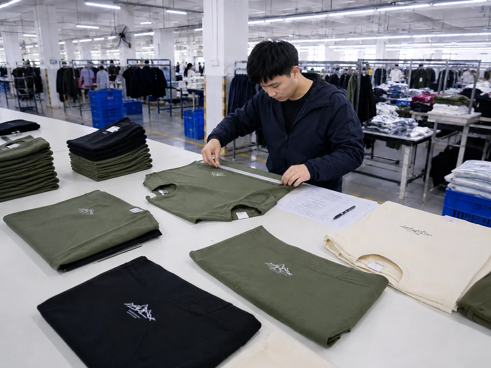 Garment quality check on finished clothing during production