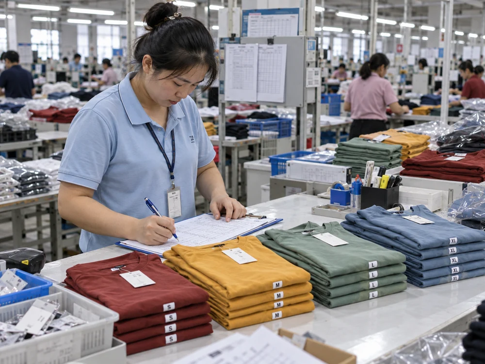 QC staff recording inline inspection results for size-sorted garments during production