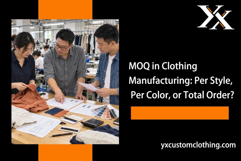 Apparel team reviewing styles, colors, and order quantities for clothing production