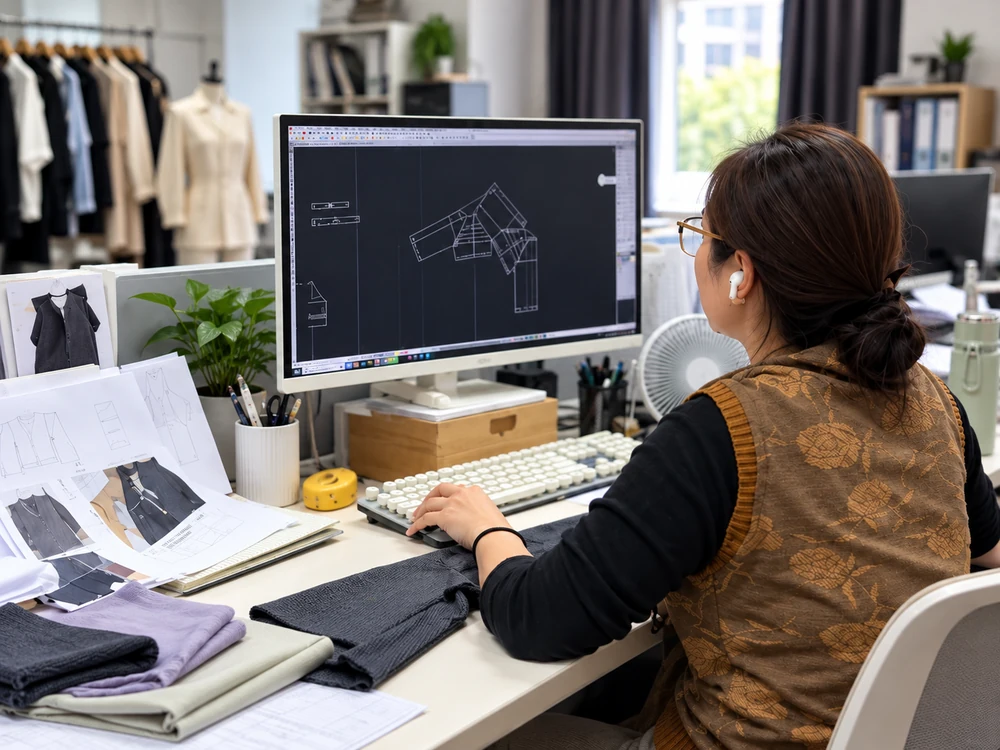 Garment pattern maker working at a CAD workstation in a clothing development studio