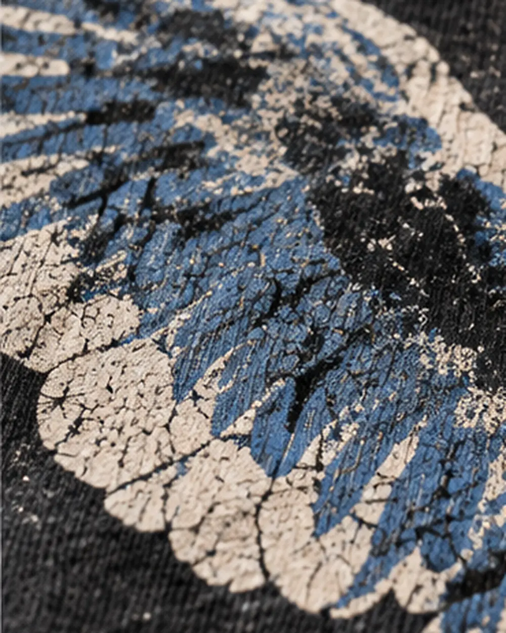 Close-up of screen print ink texture and distressed print detail on cotton fabric