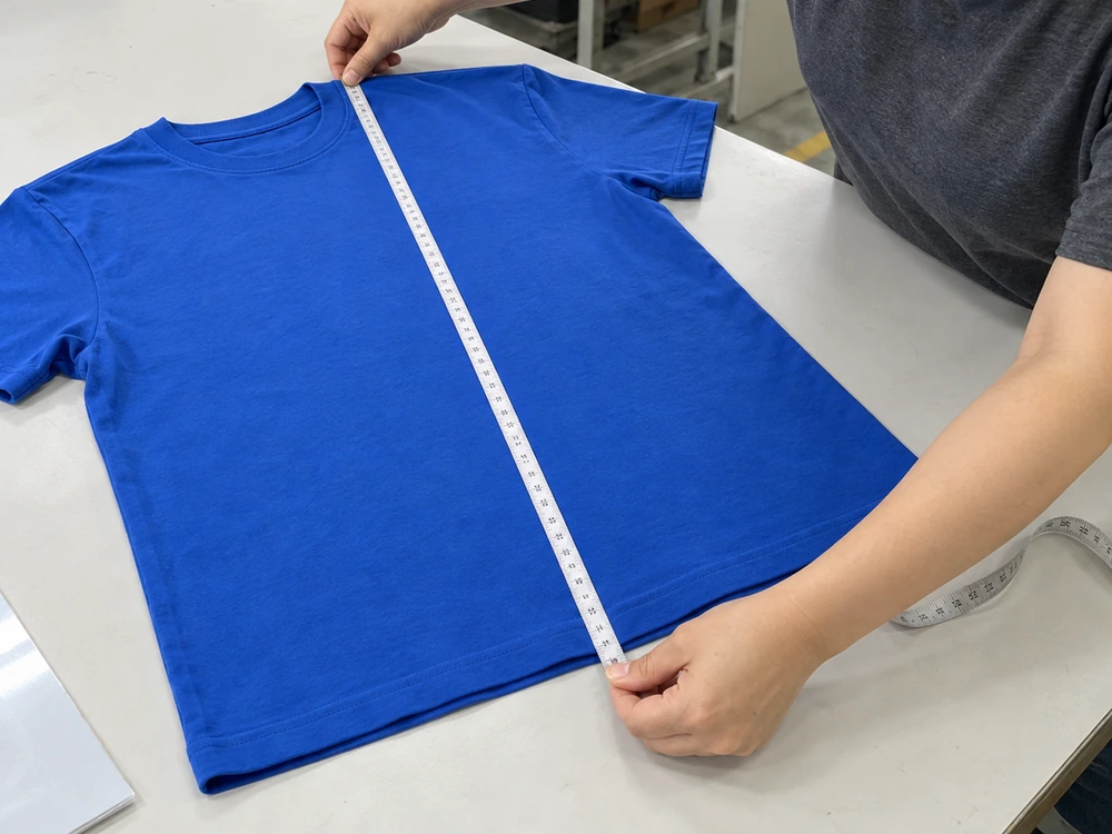 Worker measuring the body length of a washed T-shirt sample