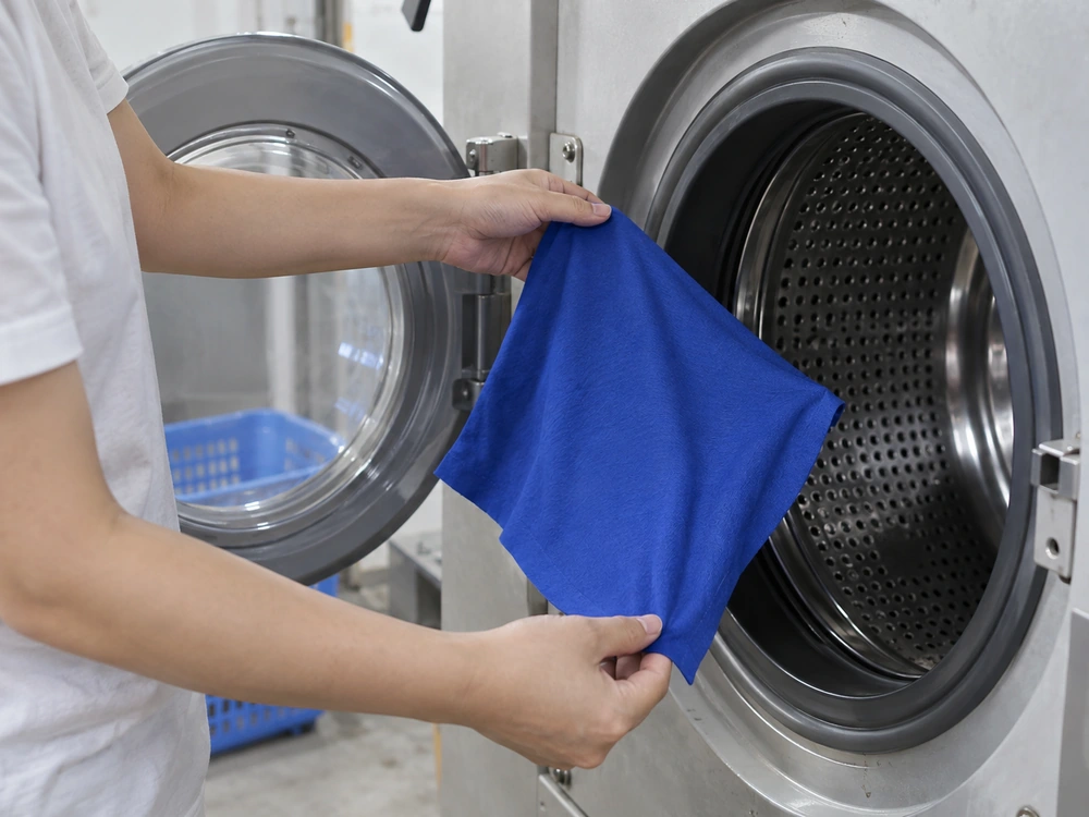Worker placing a square fabric specimen into a washing machine for shrinkage testing