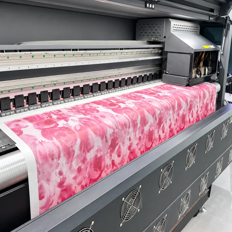 Roll printer producing a pink floral design