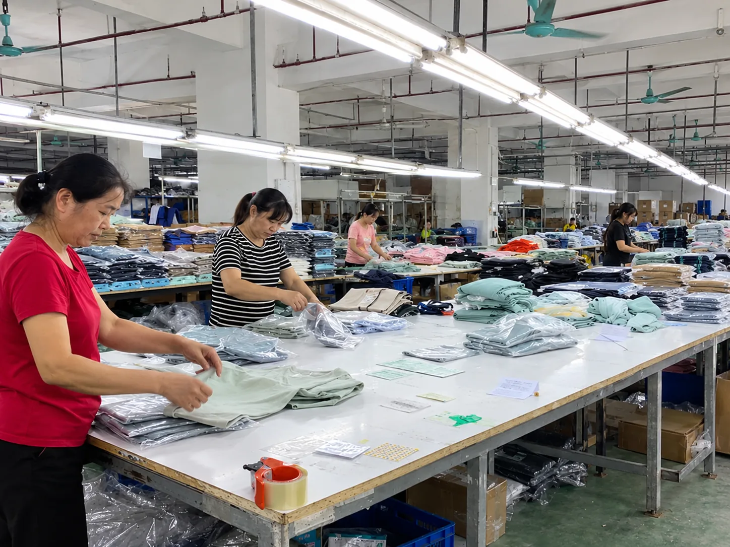 Workers folding garments and packing them into clear bags at tables in an apparel workshop